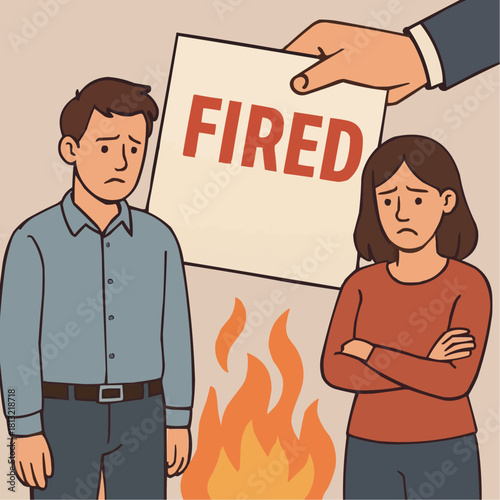 Sad employees getting fired notice illustration with flames