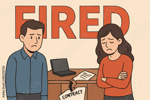 Sad fired employees illustration with contract termination concept