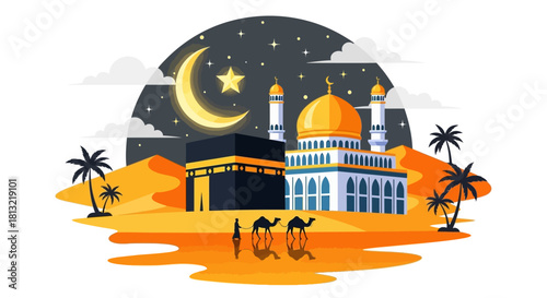 Hajj or Umrah Pilgrimage Concept Background with Mecca Landmark