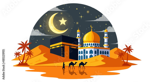 Artistic Vector Vignette of Mecca Cityscape with Camels