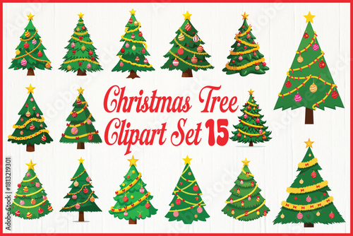 Collection of festive christmas trees with ornaments and lights clip art set