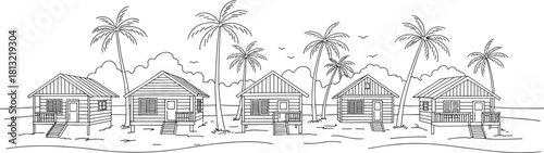 Tropical beach cabin row—stilted houses, palm trees, and birds for serene coastal and vacation visuals 