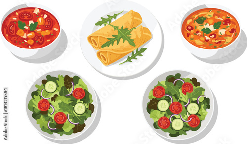 Healthy meal, vegetable soup, fresh salad, rolled crepes, nutritious food, balanced diet, organic ingredients, wholesome lunch, colorful bowls, food illustration