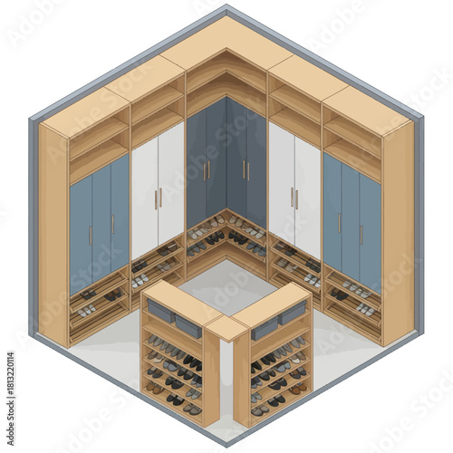Isometric View of a Well-Organized Walk-In Closet.