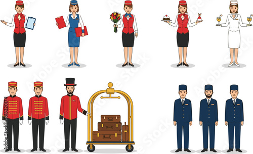 Hotel staff illustration, concierge, receptionist, bellboy, waitress, doorman, uniformed roles, hospitality team, service characters, cartoon style, vector set