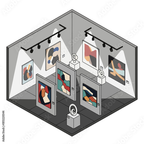 Isometric Art Gallery Exhibition with Modern Paintings and Sculptures.