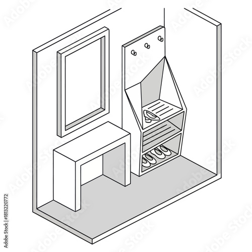 Modern entryway furniture set with shoe rack and mirror.