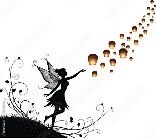 Fairy silhouette illustration—glowing lanterns, swirling vines, and magical hilltop for fantasy and wonder visuals