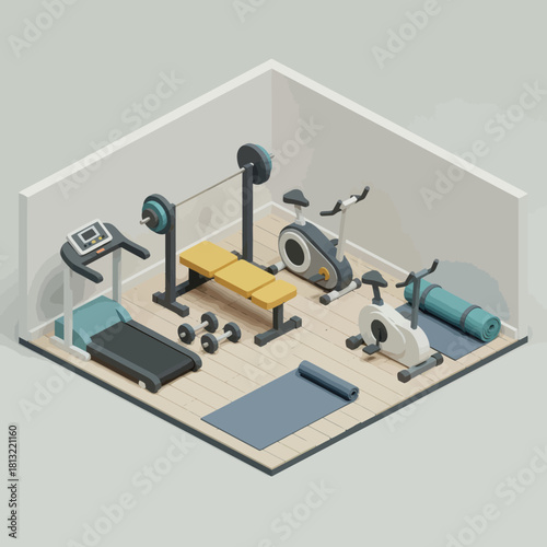Isometric gym interior with various exercise equipment for fitness training.