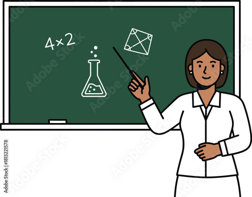 Enthusiastic teacher presenting science equations on blackboard in classroom