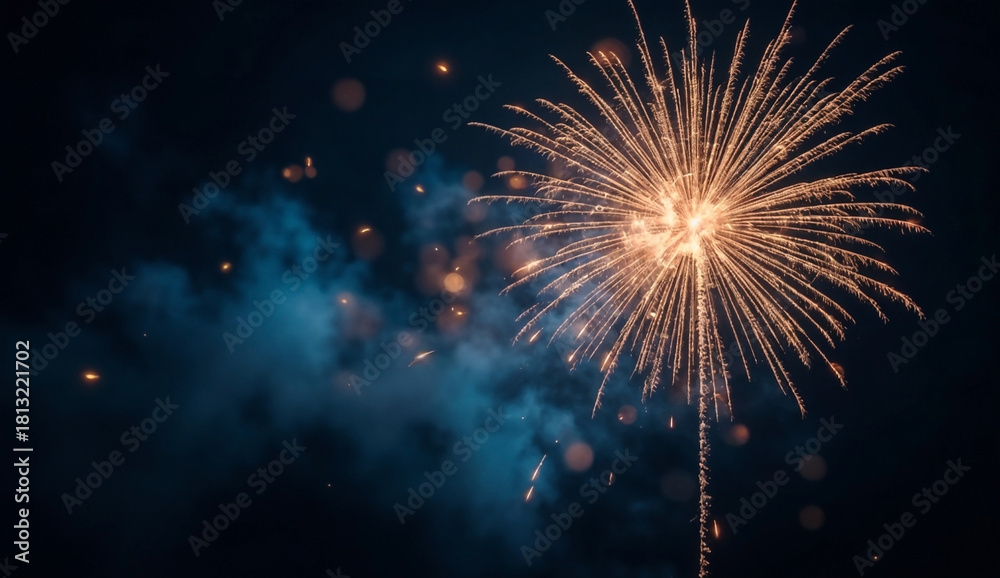 Fototapeta premium Fireworks with blue and gold abstract bokeh background