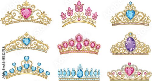 Ornate tiaras, gemstone crowns, royal accessories, gold filigree, fashion design, princess style, costume jewelry, elegant headpieces, regal decoration, luxury 