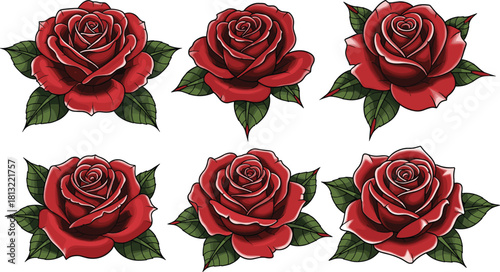 Red rose illustration, floral art, stylized petals, romantic flower, botanical design, green leaves, tattoo concept, elegant bloom, vector set