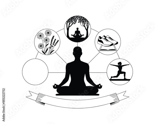 Silhouette of a person meditating with yoga and wellness icons