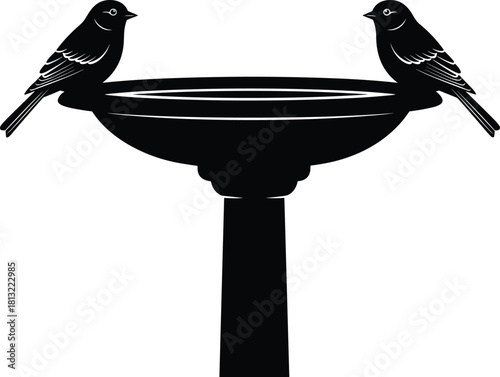 Black Silhouette of Two Small Birds Perched on a Garden Bird Bath Fountain Water Bowl on a White Background Isolated Outdoor Decor