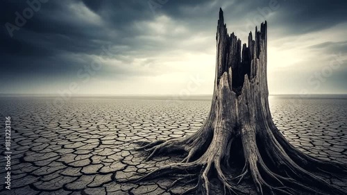 Dry cracked land with a tree trunk and dramatic sky, conveying climate change impacts and