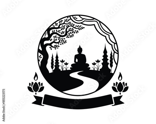 Silhouette of buddha statue with lotus flowers