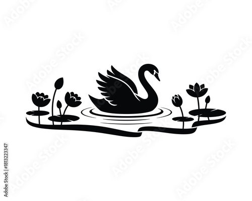 Elegant swan swimming peacefully among water lilies