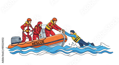 Rescue team helping a person in the water from a boat.