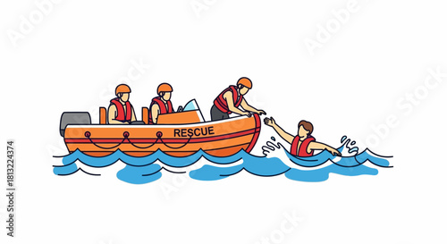 Lifeguards in rescue boat saving person from water.