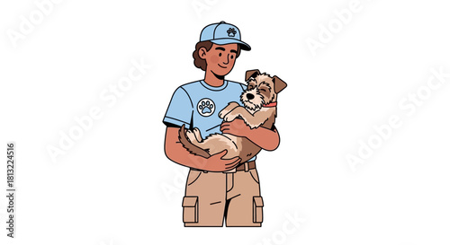 Caring animal rescue worker holding a small adorable puppy.