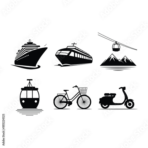 Variety of Transportation Options Graphic Vector Illustration Cruise Ship Ferry Cable Car Bicycle Scooter and Gondola