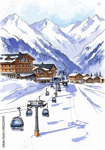 Scenic watercolor illustration of a winter mountain landscape featuring a bustling ski resort with a gondola lift and cozy alpine chalets
