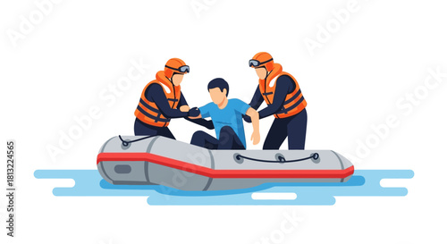 Rescue workers helping a man into an inflatable boat during a flood.
