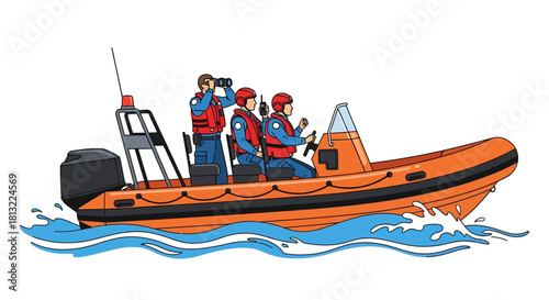 Illustration of a Rescue Boat with Crew on the Water.