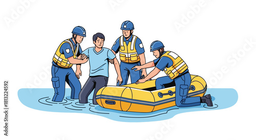 Rescue team helps person into inflatable boat during flood.