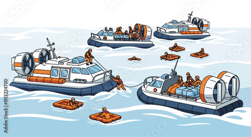 Hovercrafts engaged in rescue operations on icy waters.