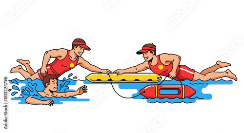 Lifeguards Rescue Swimmer with Buoy and Rescue Can.