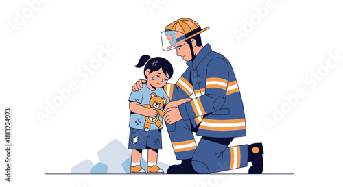 Brave firefighter comforting a sad little girl holding her teddy bear.