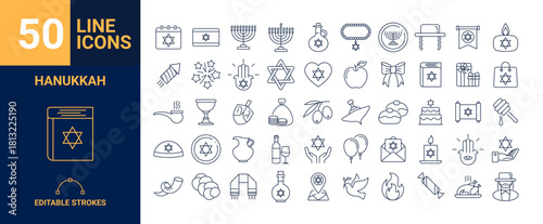 50 editable Hanukkah line icon set
