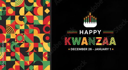 Kwanzaa Happy Holiday Greeting Card Design African Geometric Pattern Abstract Background Kinara Symbols Red Green Black Yellow Modern Illustration Unity Principle Umoja Celebration Heritage Cultural 