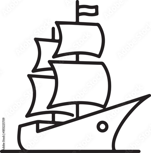 Classic sailing ship or galleon icon with full sails vintage line drawing representing historical oceanic exploration and voyage