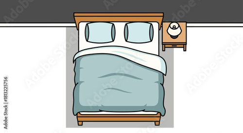 top-down view of a bed with pillows duvet and nightstand with a lamp a clean illustration for bedroom floor plan designs.