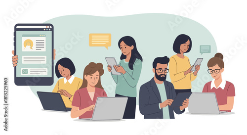 people using diverse digital devices like laptops tablets and smartphones for online communication social networking and remote work.