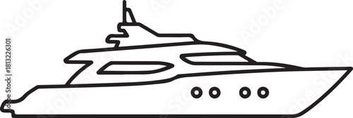 Sleek contemporary motor boat or luxury yacht side profile line art illustration outlining sea travel and maritime leisure activity
