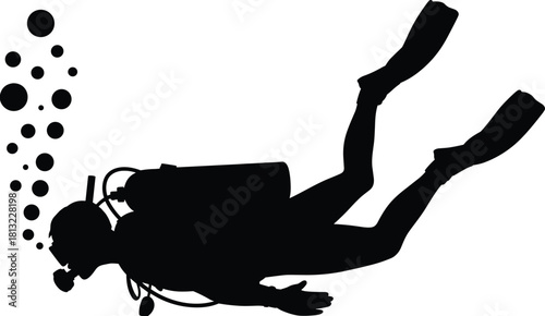 Dynamic black silhouette vector of a scuba diver exploring underwater ocean depths, swimming with bubbles, isolated on white background.