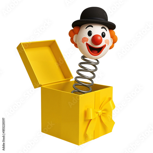 Clown head popping out of yellow jack-in-the-box toy with spring  