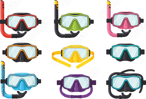 Snorkeling gear, colorful masks, diving equipment, underwater adventure, beach accessories, swim tools, ocean fun, snorkel set, water sport, vacation essentials