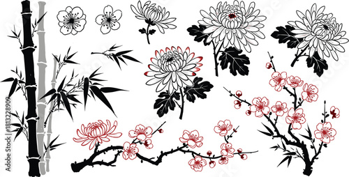 Elegant Japanese botanical vector set featuring bamboo, chrysanthemum flowers, plum blossoms, and traditional Asian floral elements in detailed black and red artwork.