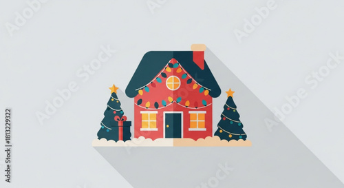 Festive holiday house with Christmas trees and lights, spreading joy and warmth, perfect for seasonal greetings and cheerful designs, originally a vector