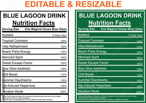 Blue Lagoon Drink Nutrition Facts Labels Editable And Resizable Keywords: blue lagoon drink, nutrition facts, label, editable, resizable, template