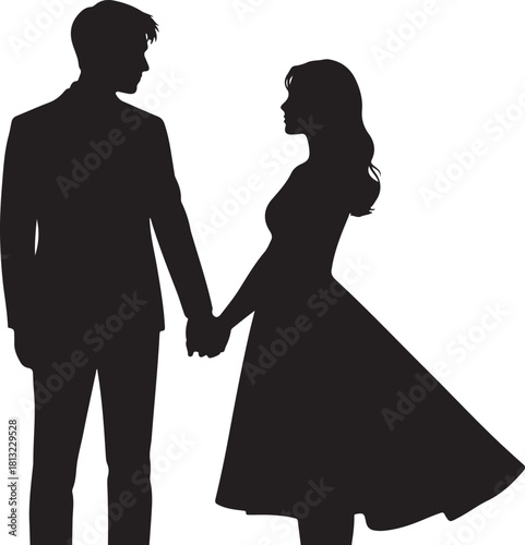 Silhouette of romantic couple holding hands sharing a special moment together