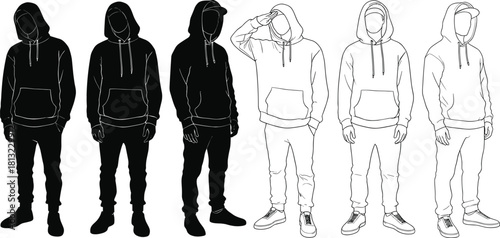Man in Hoodie Silhouette and Line Art Vector Set, Streetwear Urban Fashion Graphic Collection, Anonymous Figure Hooded Outline, Youth Style Icons