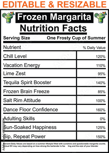 Frozen Margarita Nutrition Facts Label with Frosty Cup and Summer Fun