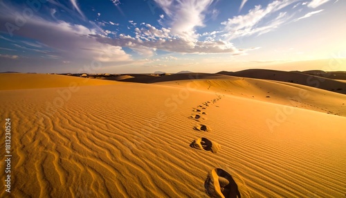 Fototapeta Naklejka Na Ścianę i Meble -  A landscape featuring sand dunes with footprints traversing the foreground. A sunset casts an orange glow across the sky