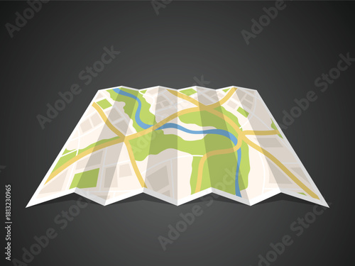 Folded Road City Map Illustration with Navigation Elements and Gradient Background